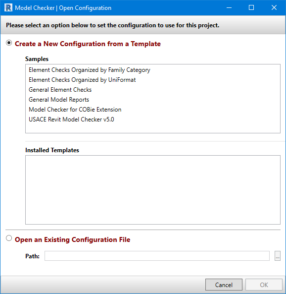 The Open Configuration dialog box for the Model Checker